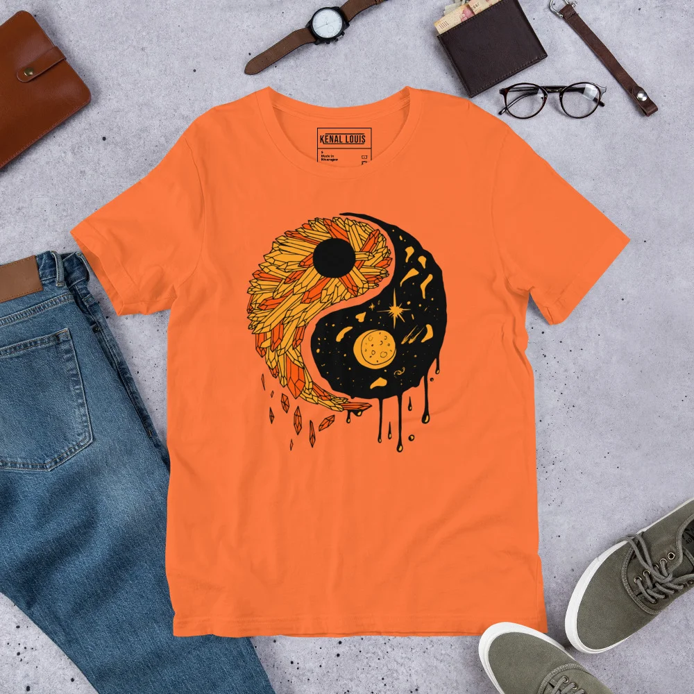 Orange yin yang t-shirt featuring sunflower and moon graphic design with black celestial details