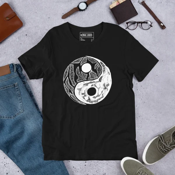 Black yin yang t-shirt featuring white line art graphic with detailed feather and nature patterns on chest