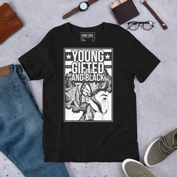 Black t-shirt featuring young gifted and black afrocentric design with detailed afro profile artwork and stars