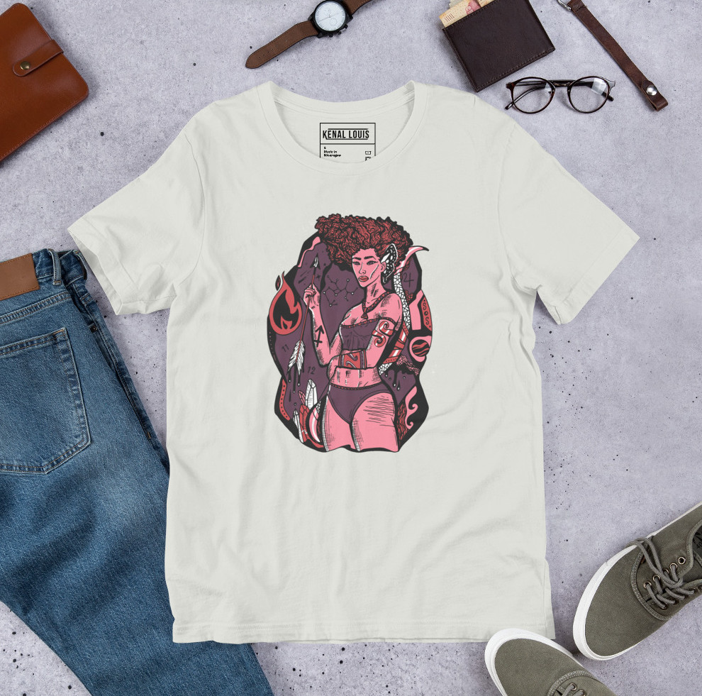 Mauve rose zodiac apparel featuring a Sagittarius goddess archer graphic tee