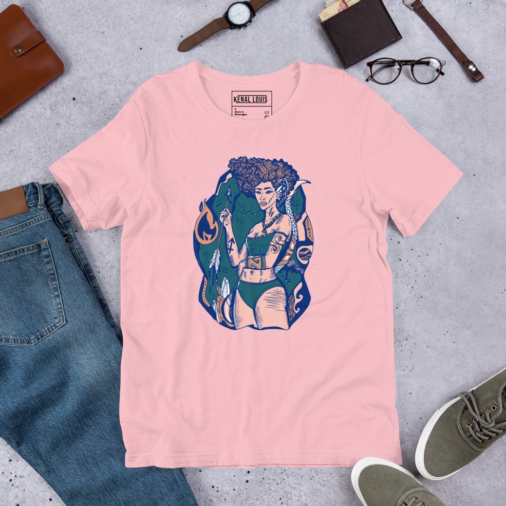 Blush pink zodiac graphic tee depicting a powerful Sagittarius goddess figure