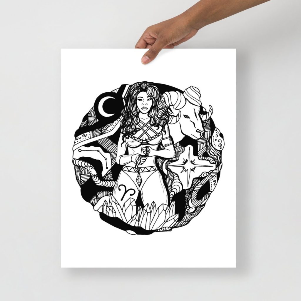 Feminine Aries zodiac art print showcasing a bold ram with floral and star accents