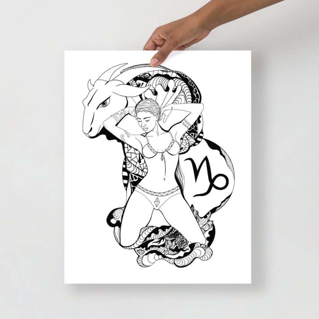Capricorn zodiac art print featuring a celestial sea goat with elegant cosmic details