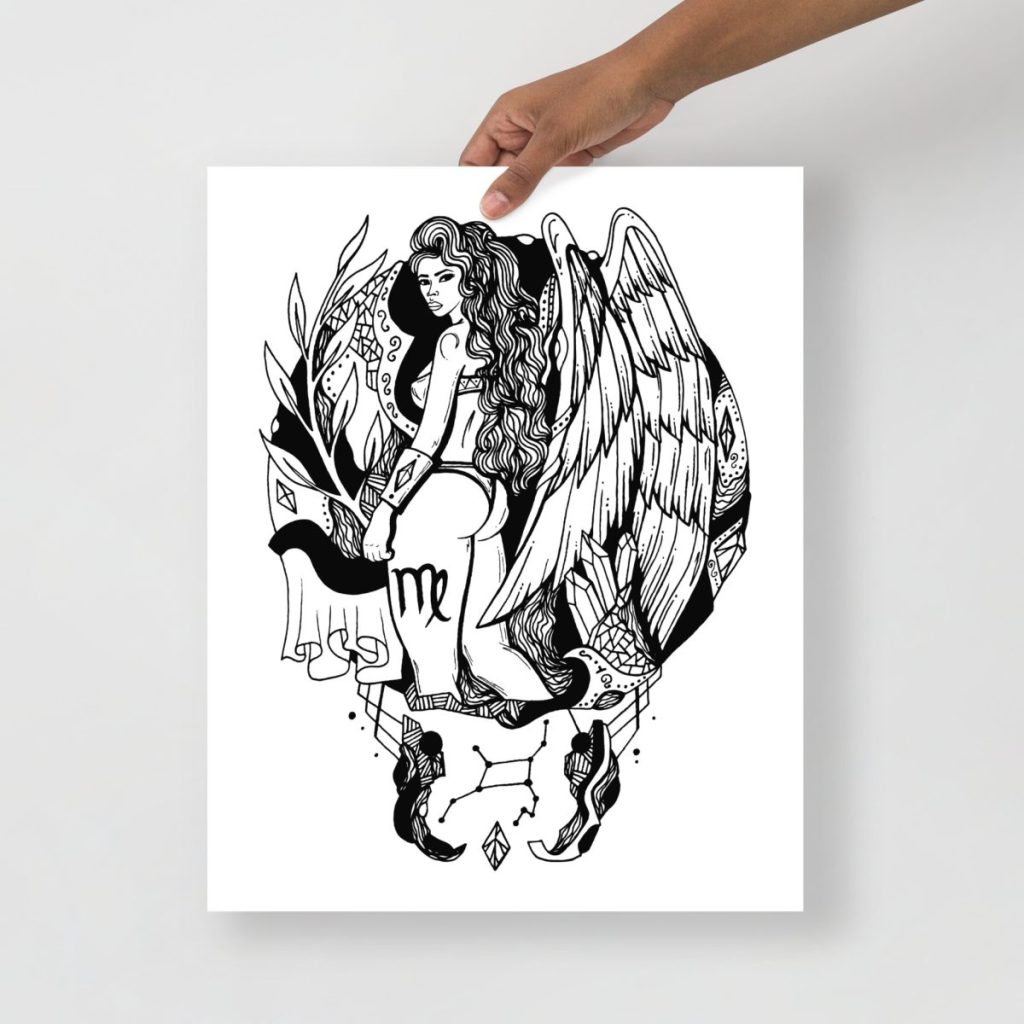 Graceful angel figure with harvest wheat details on this Virgo celestial wall art