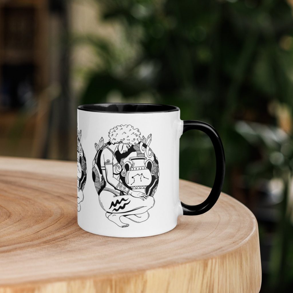 Aquarius themed eleven ounce mug showcasing water bearer zodiac coffee mugs artwork