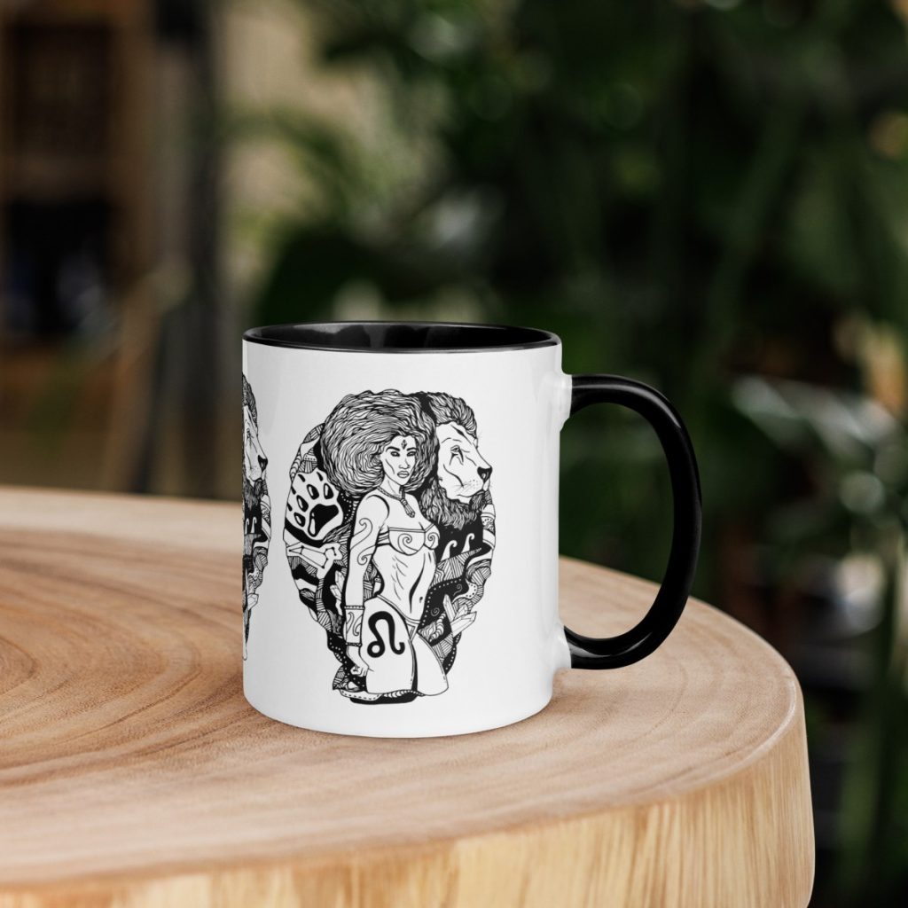 Bold Leo astrology ceramic mug with lion motif eleven ounce size for women