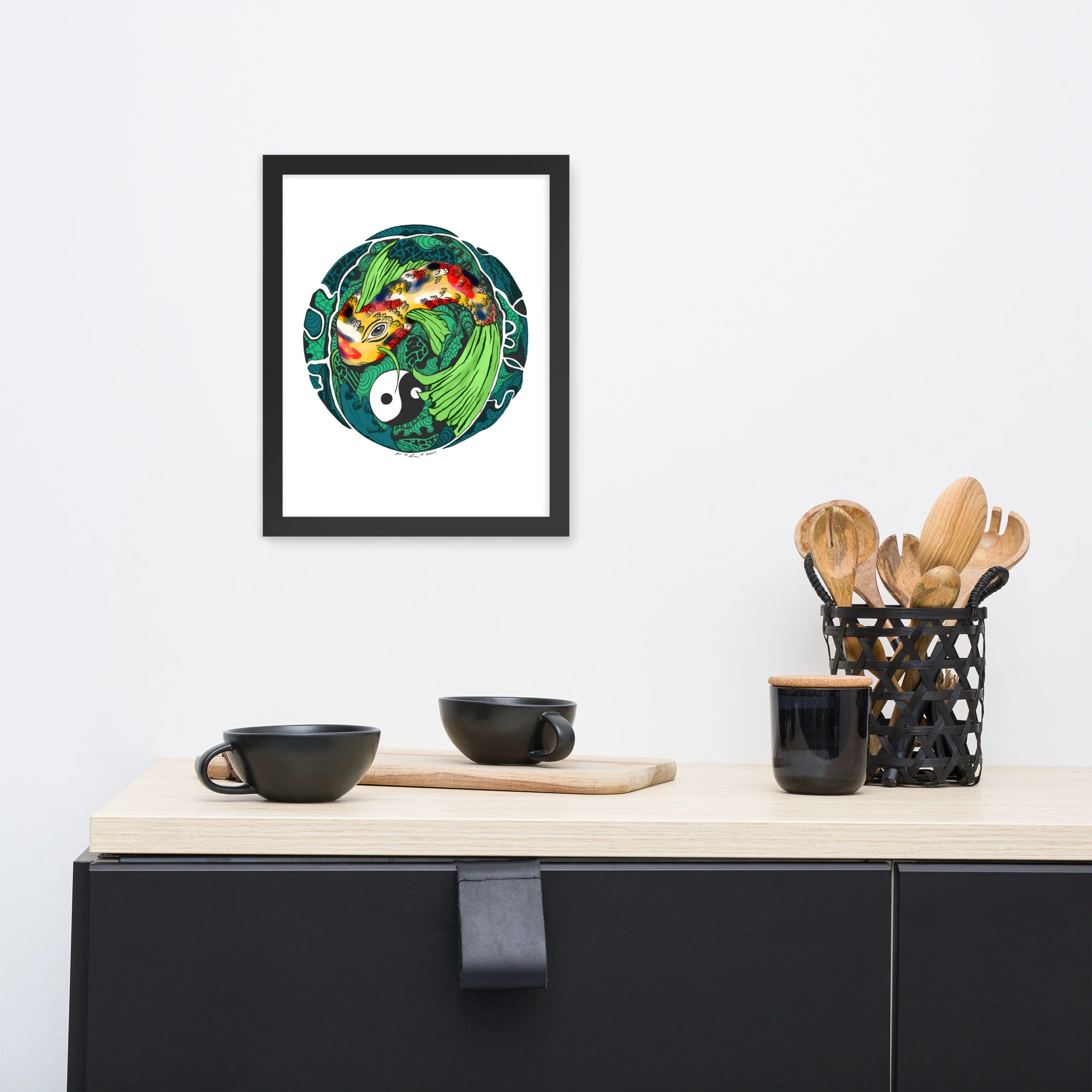 Green Koi of Balance - Koi Fish Framed Art Print - Image 3