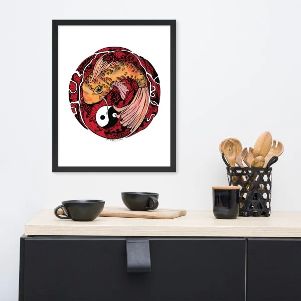 Cream and Red Koi of Balance - Koi Fish Framed Art Print
