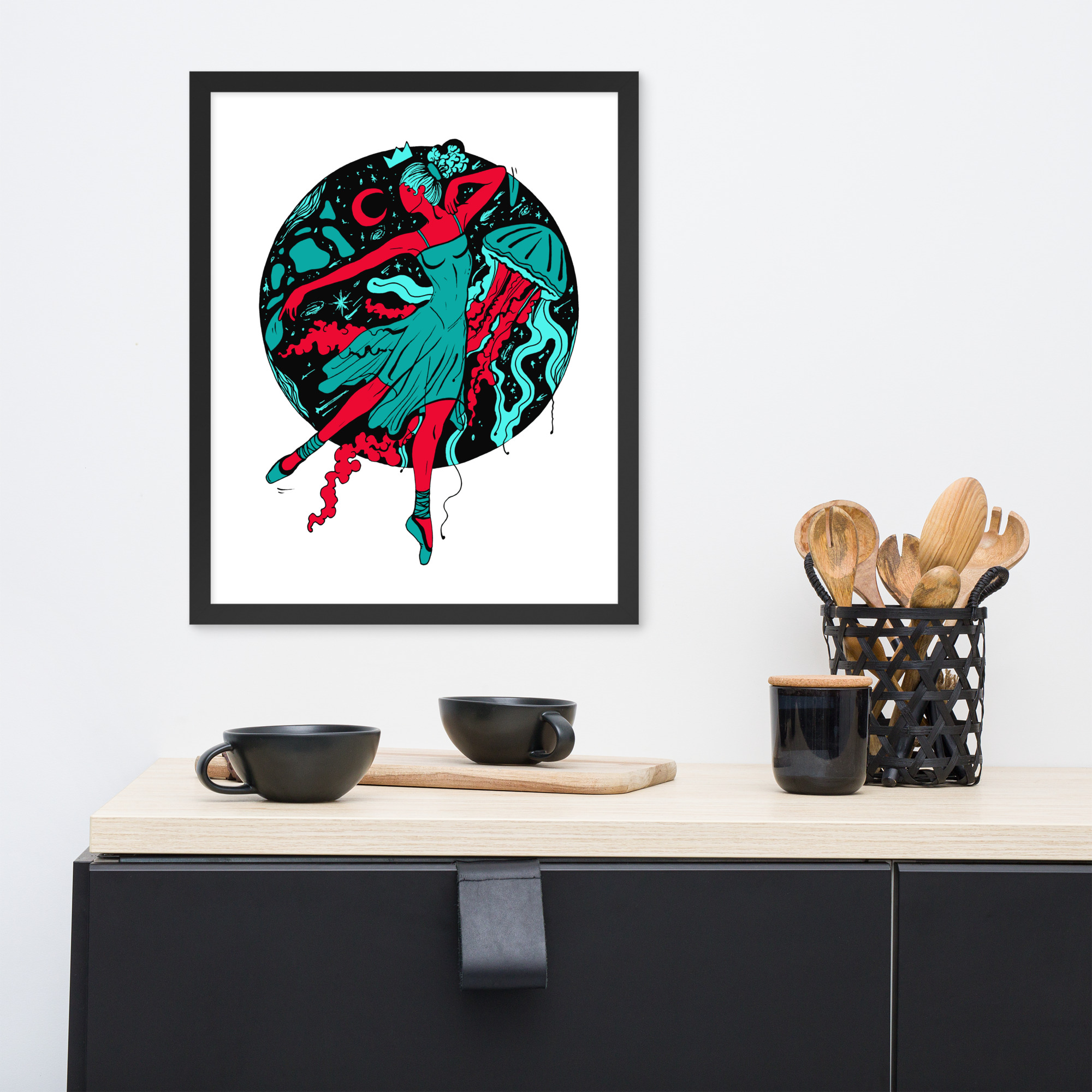 Turquoise Red The Oceanic Dancer | Ballerina Drawing Framed Art Print - Image 3