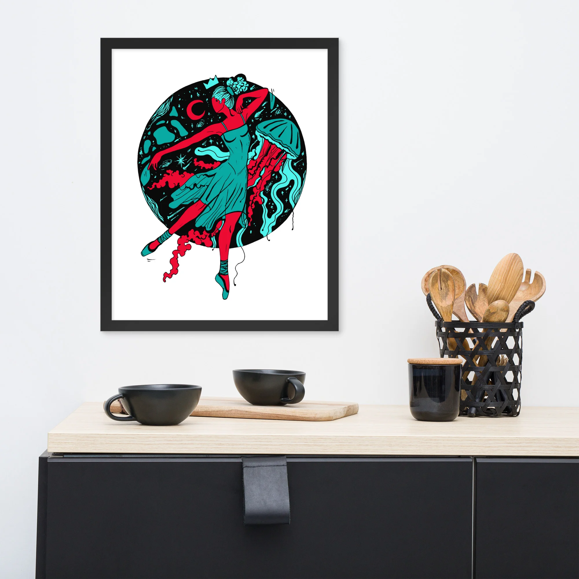Turquoise Red The Oceanic Dancer | Ballerina Drawing Framed Art Print - Image 3