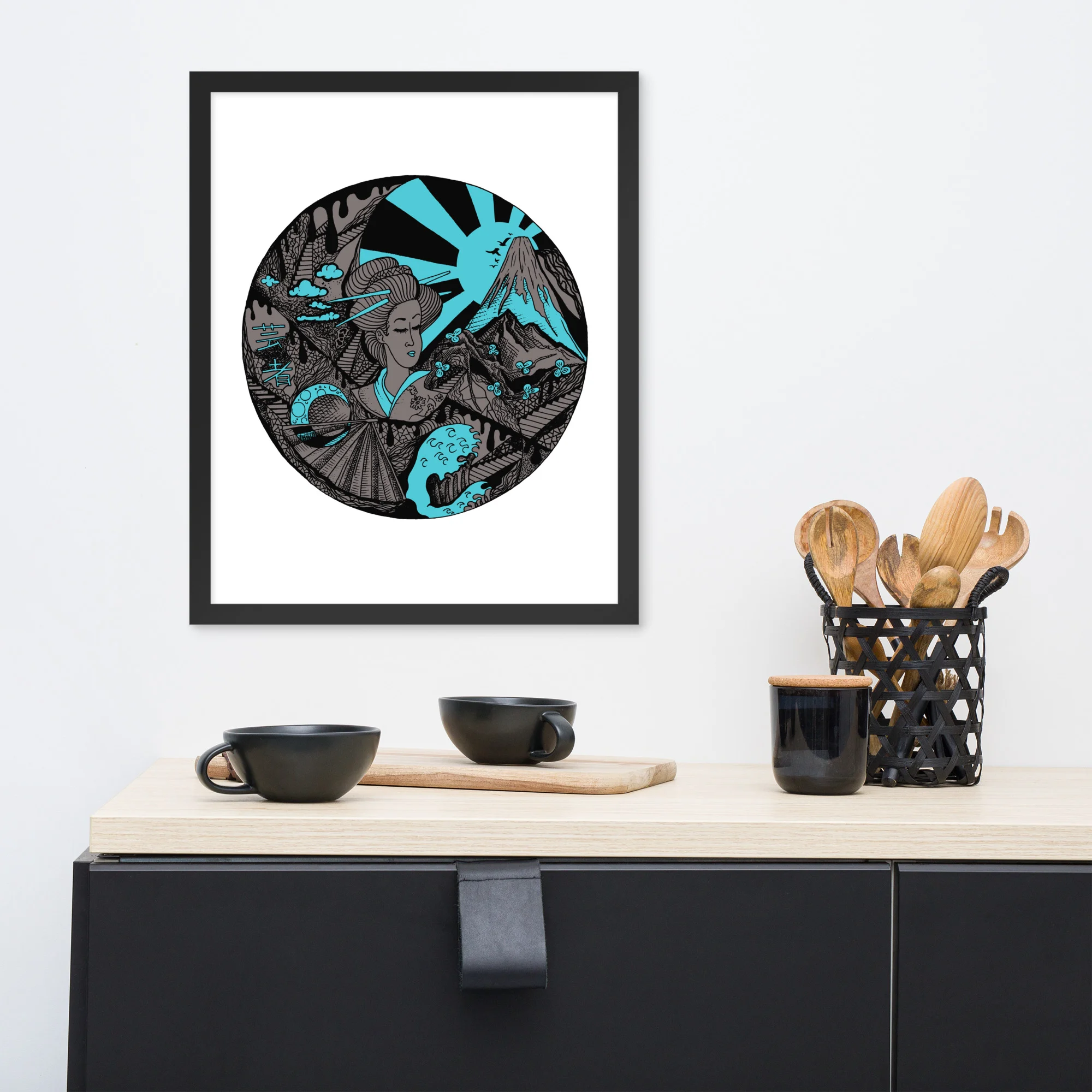 Blue and Grey Dreaming of Japan - Japanese Circle Framed Art Print - Image 3