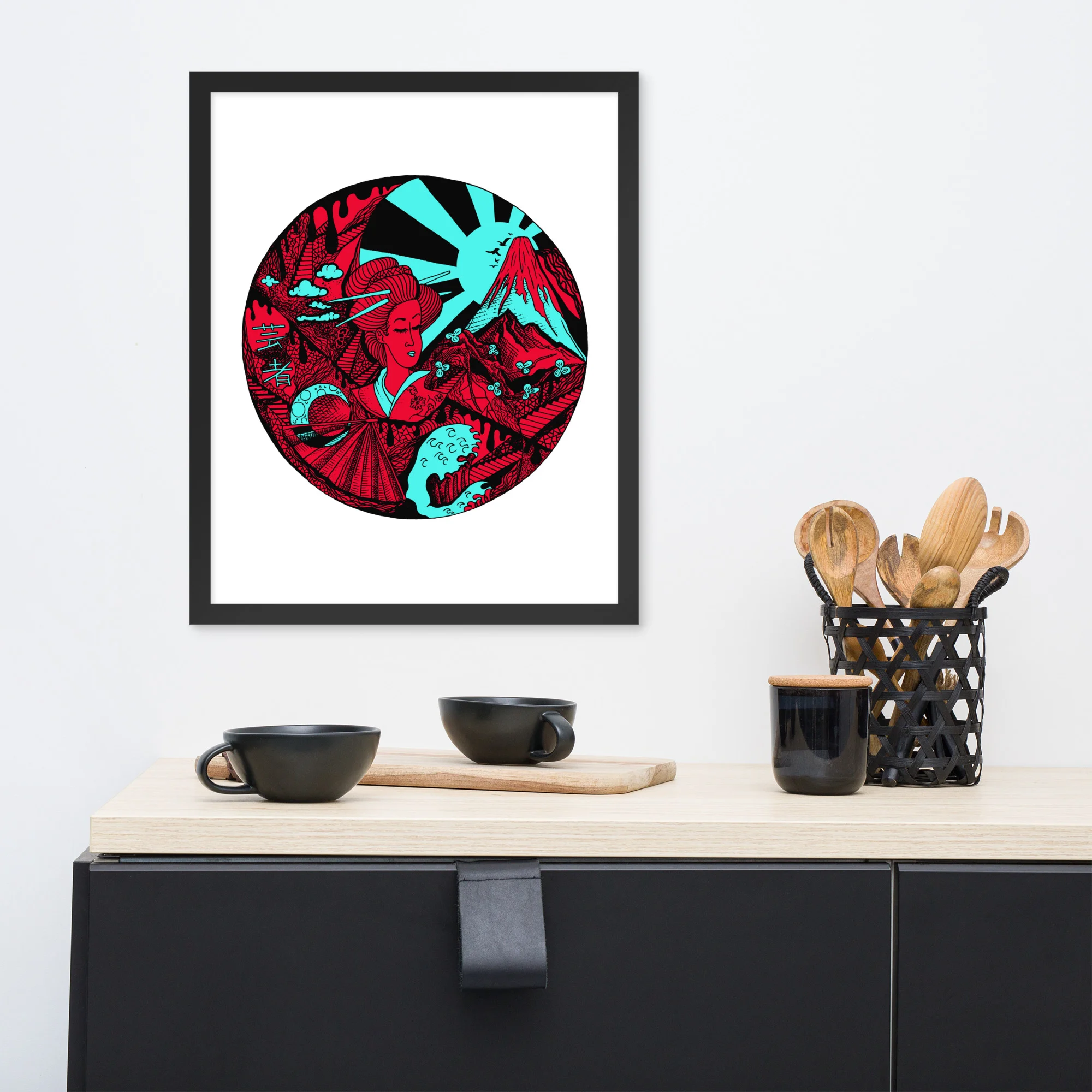 Turquoise Red Dreaming of Japan - Japanese Circle Framed Art Print - Image 3
