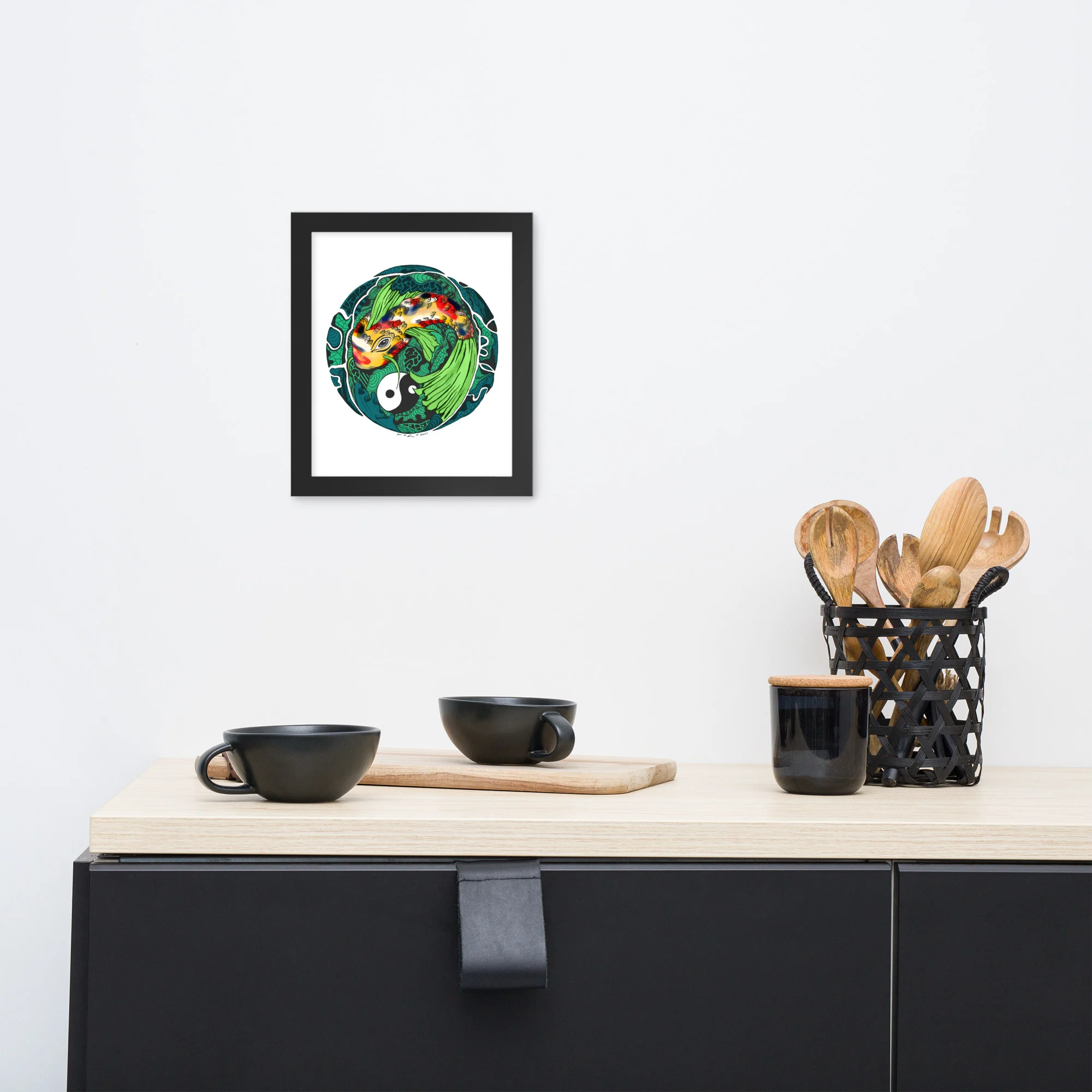 Green Koi of Balance - Koi Fish Framed Art Print - Image 2