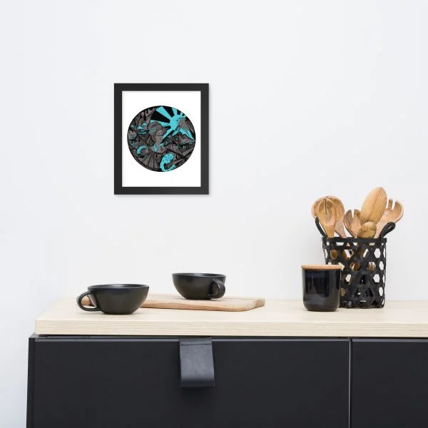 Blue and Grey Dreaming of Japan - Japanese Circle Framed Art Print