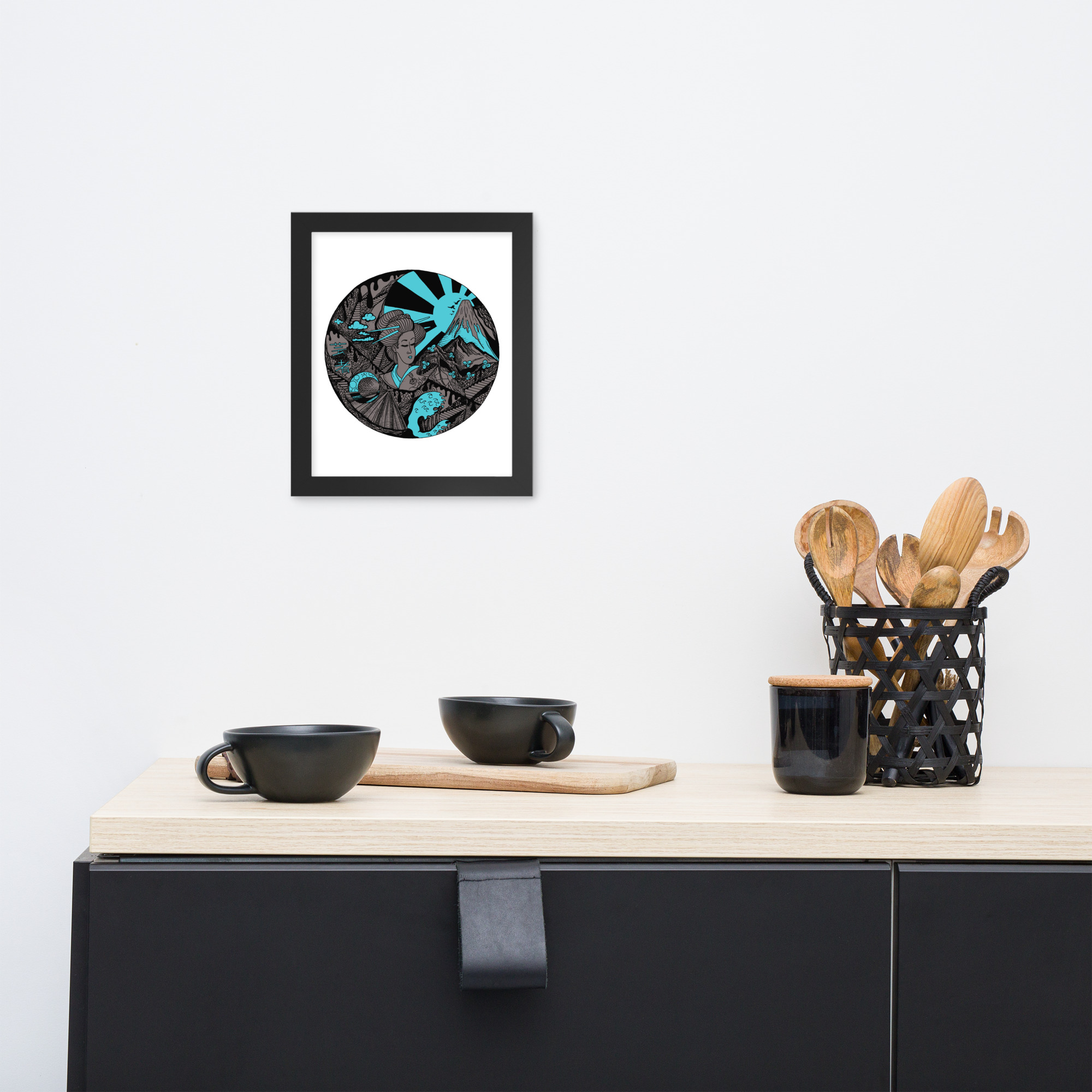Blue and Grey Dreaming of Japan - Japanese Circle Framed Art Print