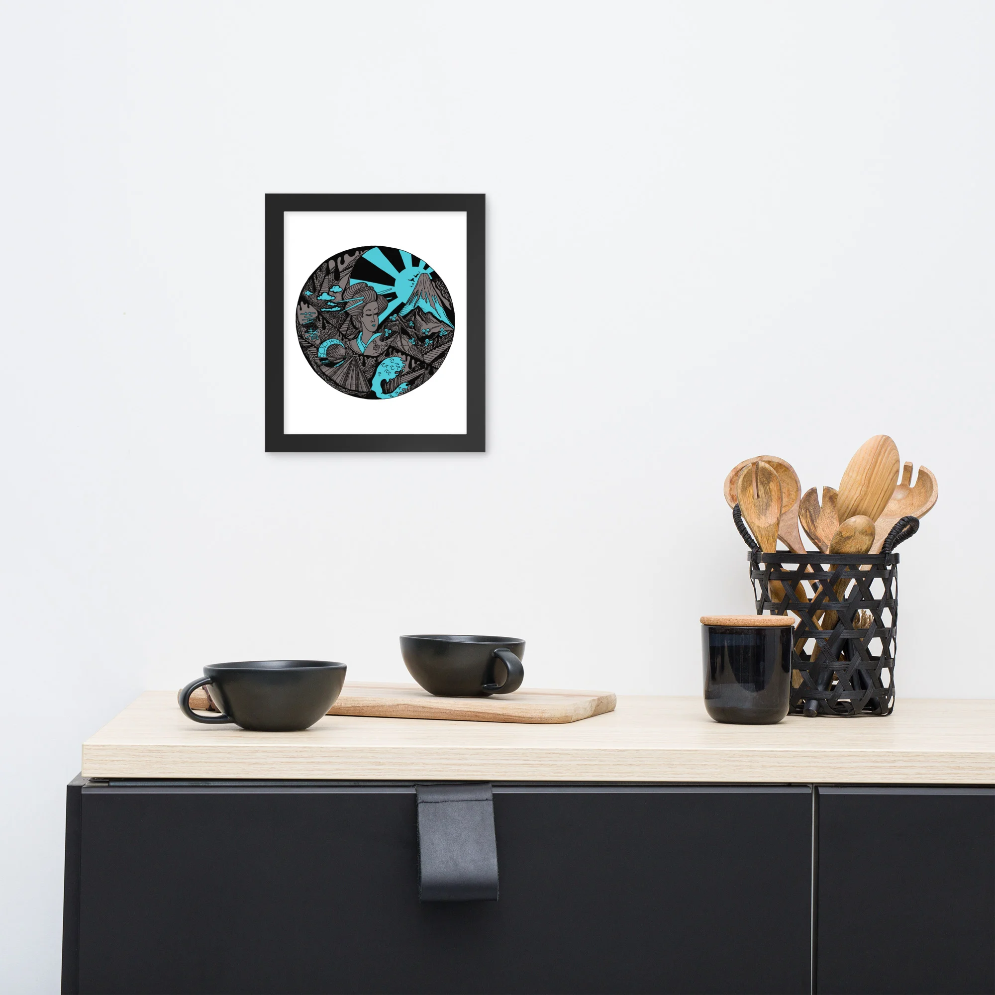Blue and Grey Dreaming of Japan - Japanese Circle Framed Art Print