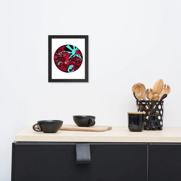 Turquoise Red Dreaming of Japan - Japanese Circle Framed Art Print