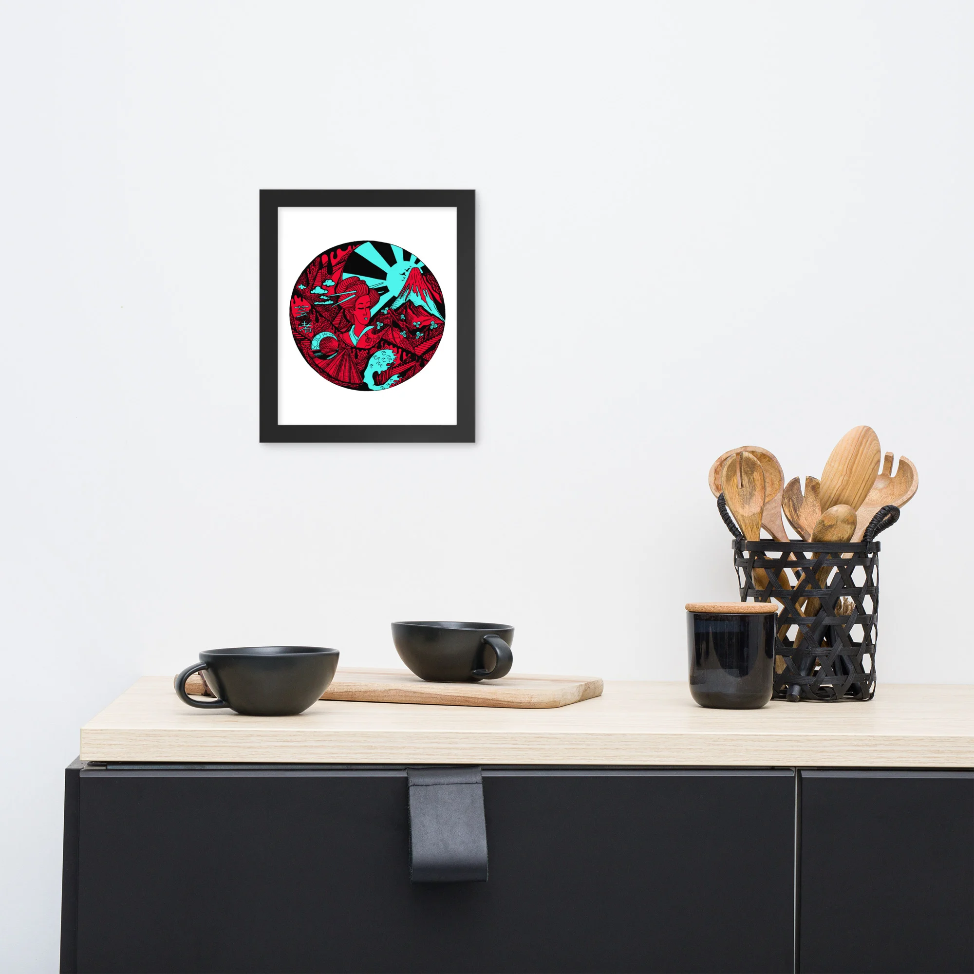 Turquoise Red Dreaming of Japan - Japanese Circle Framed Art Print