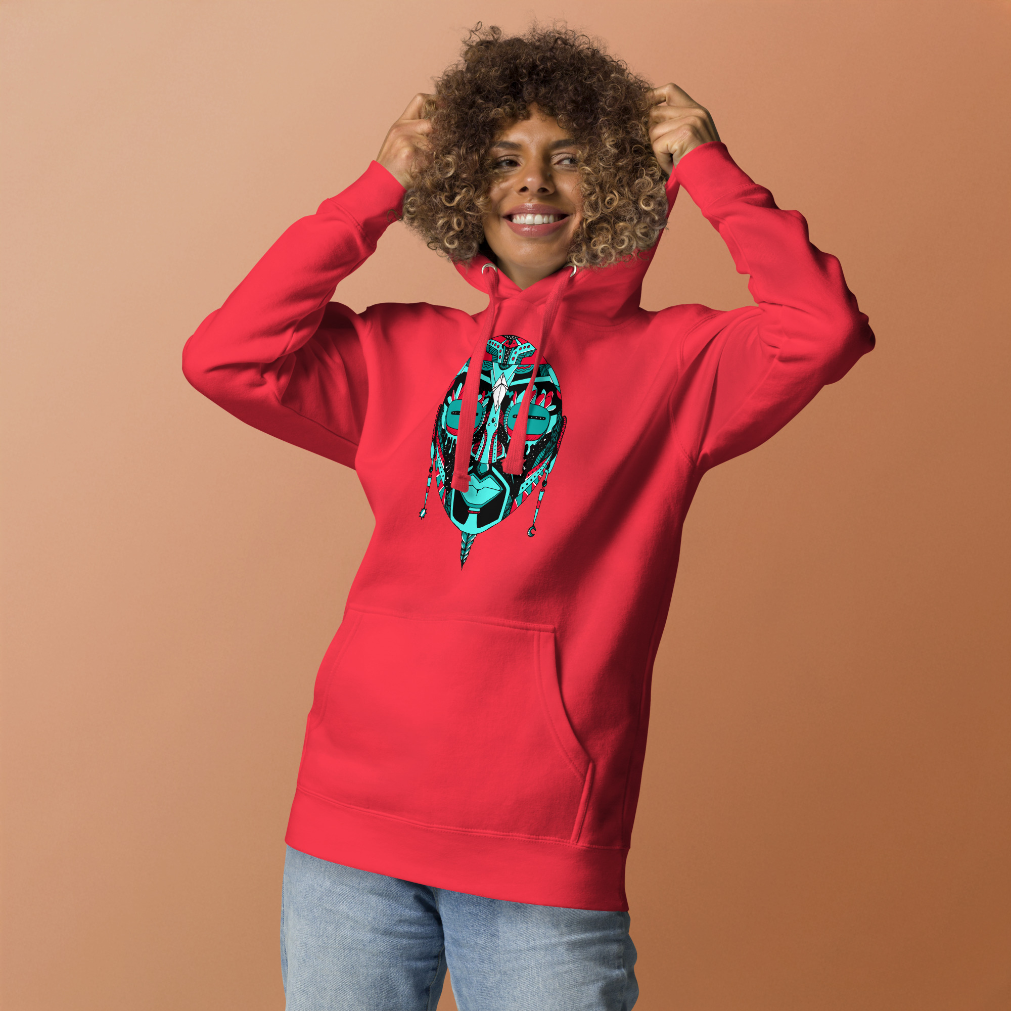 Turquoise Red African MAsk No. 2 - African Hoodie - Image 2