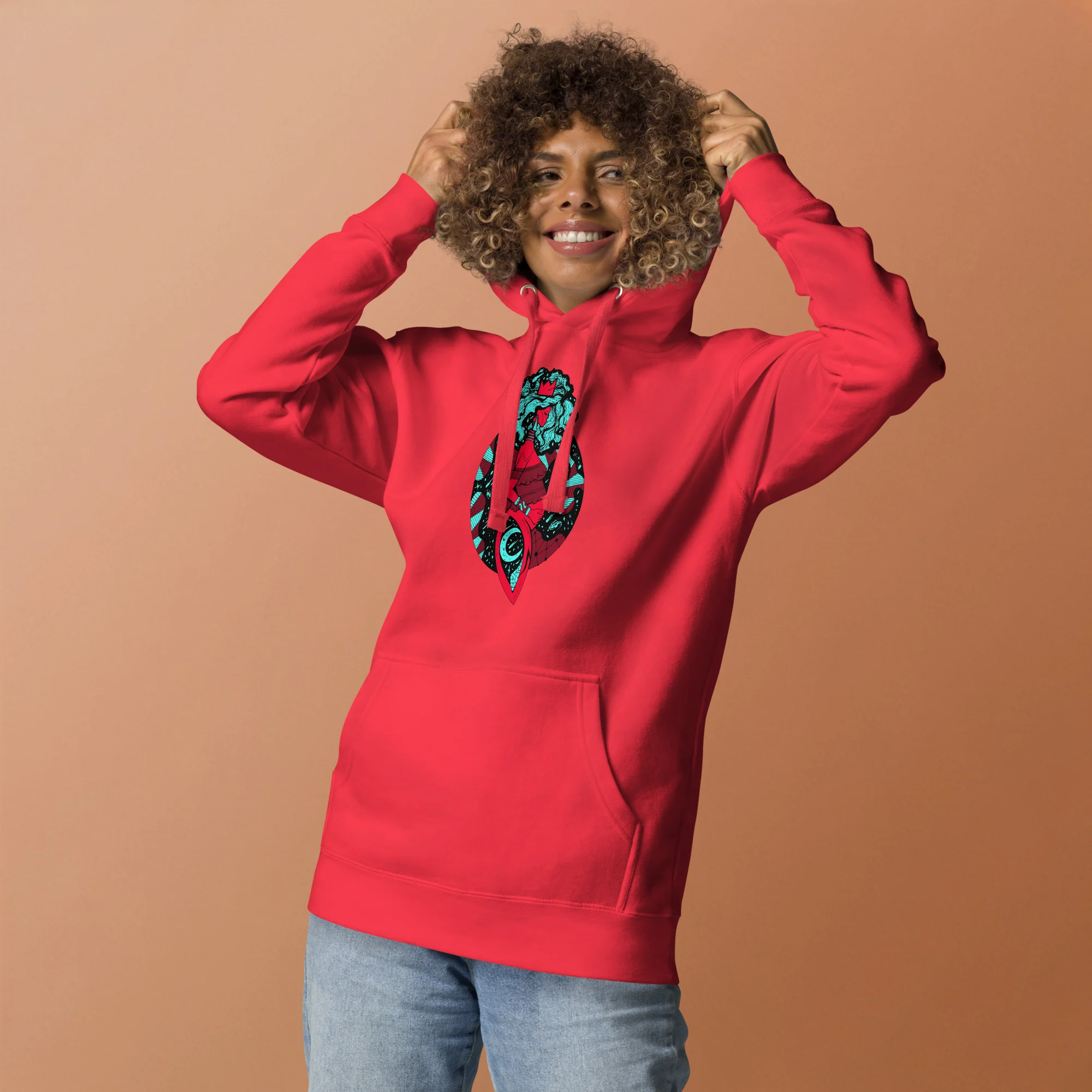 Turquoise Red Birth of Sahelle | Art gift for Mom Hoodie - Image 2