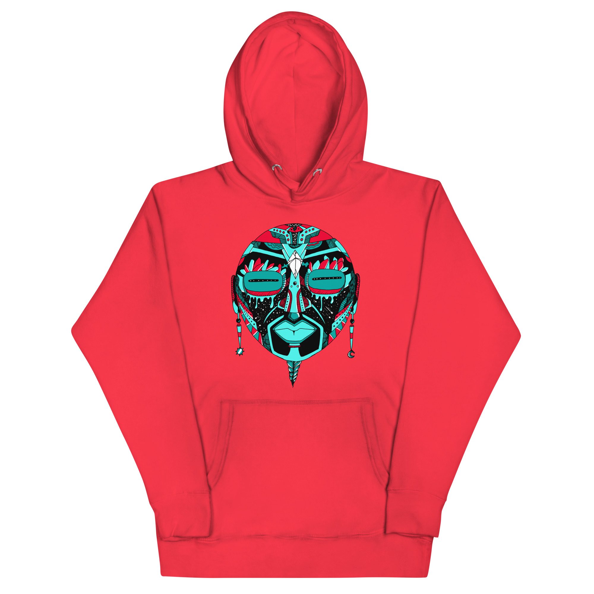 Turquoise Red African MAsk No. 2 - African Hoodie - Image 5