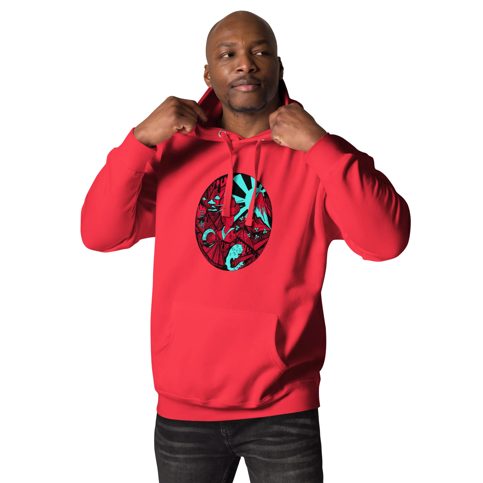 Turquoise Red Dreaming of Japan - Japanese Circle Hoodie - Image 3