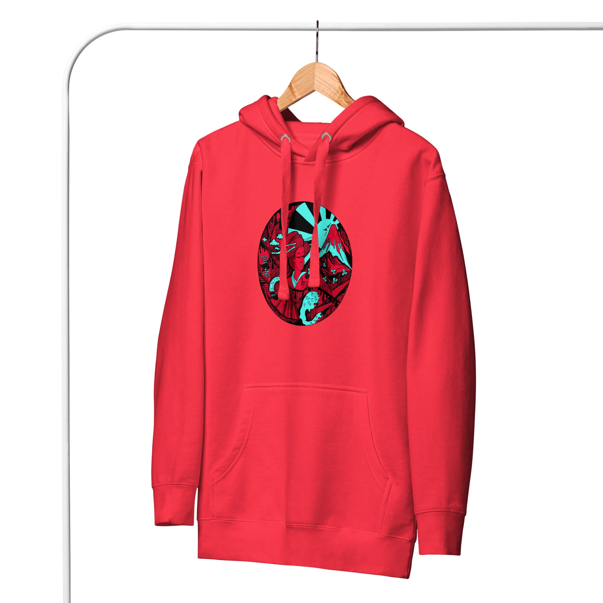 Turquoise Red Dreaming of Japan - Japanese Circle Hoodie - Image 4