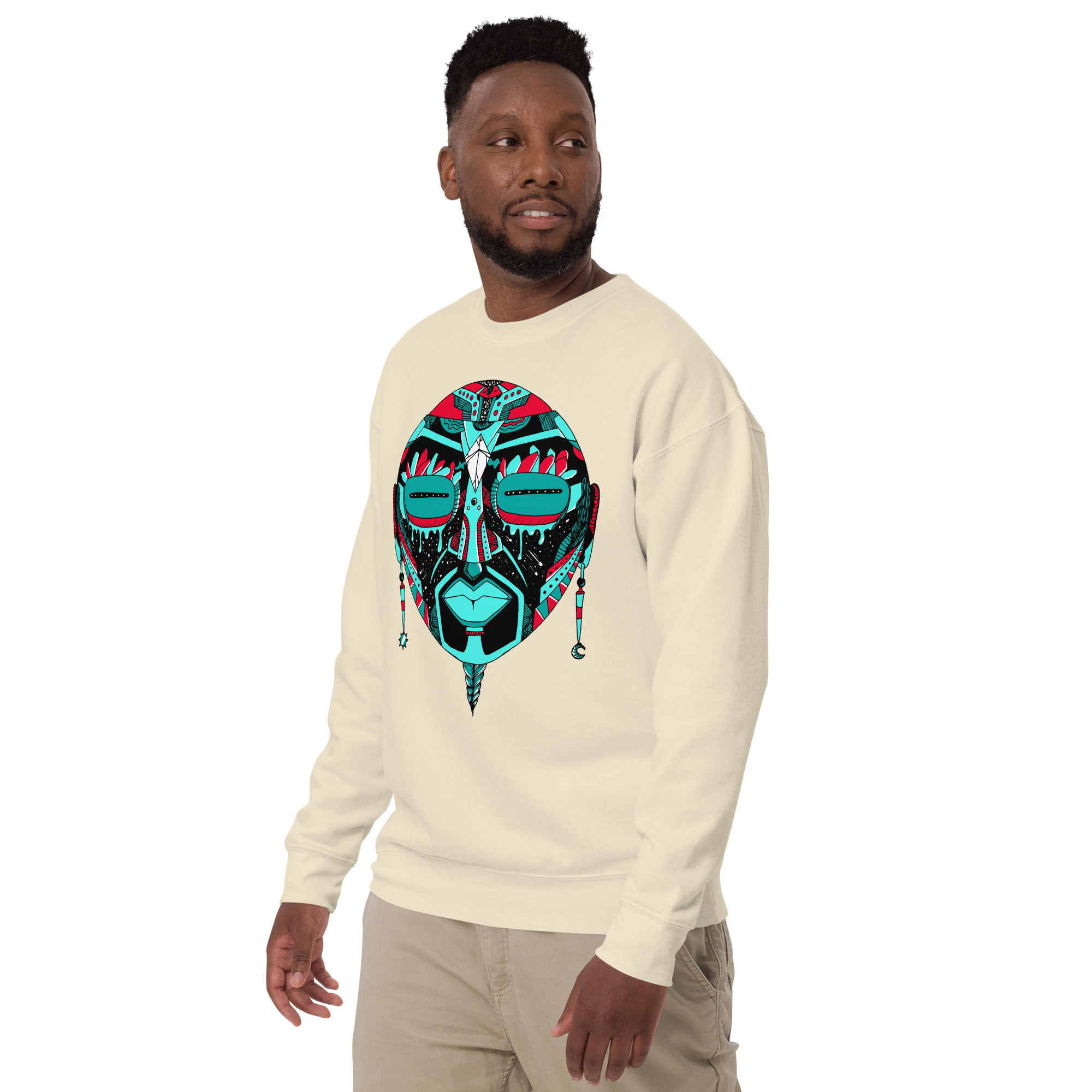 Turquoise Red African MAsk No. 2 - African Sweatshirt - Image 5