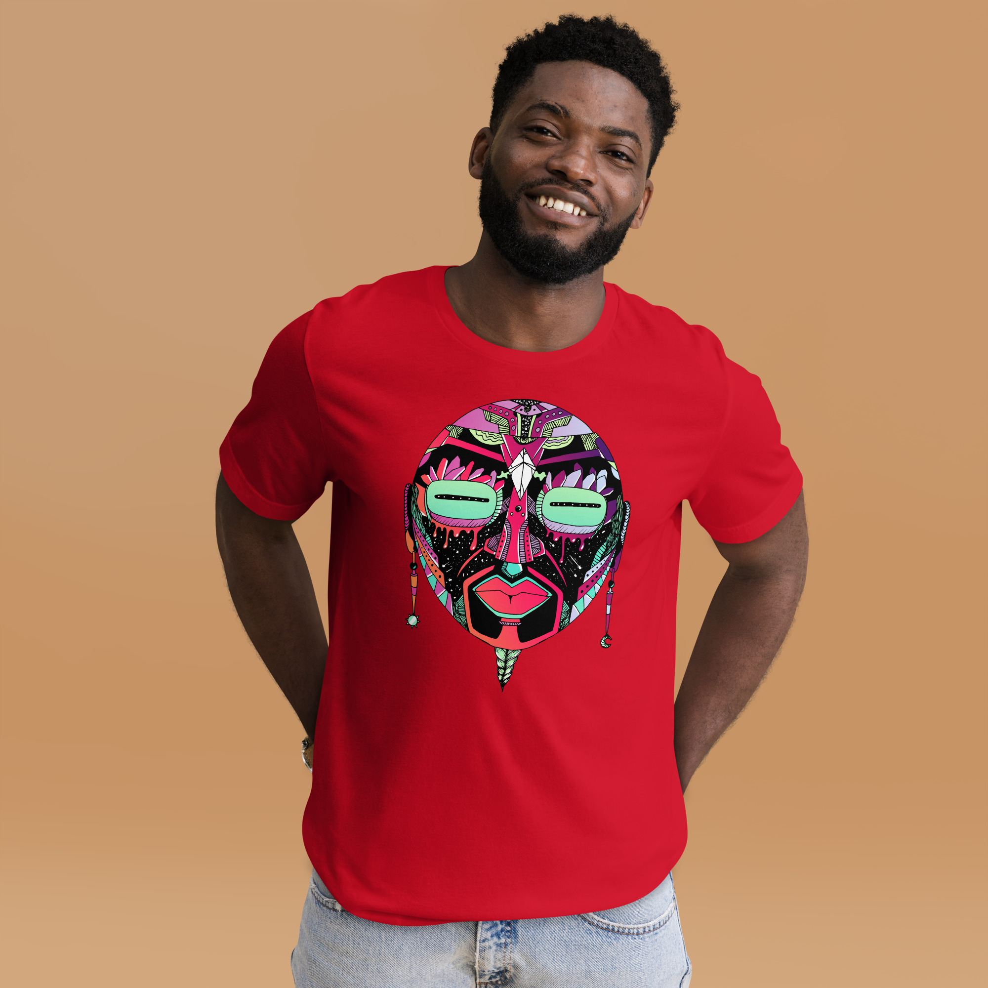Red Blue Blend African Mask No. 2 - African T-shirt - Image 4