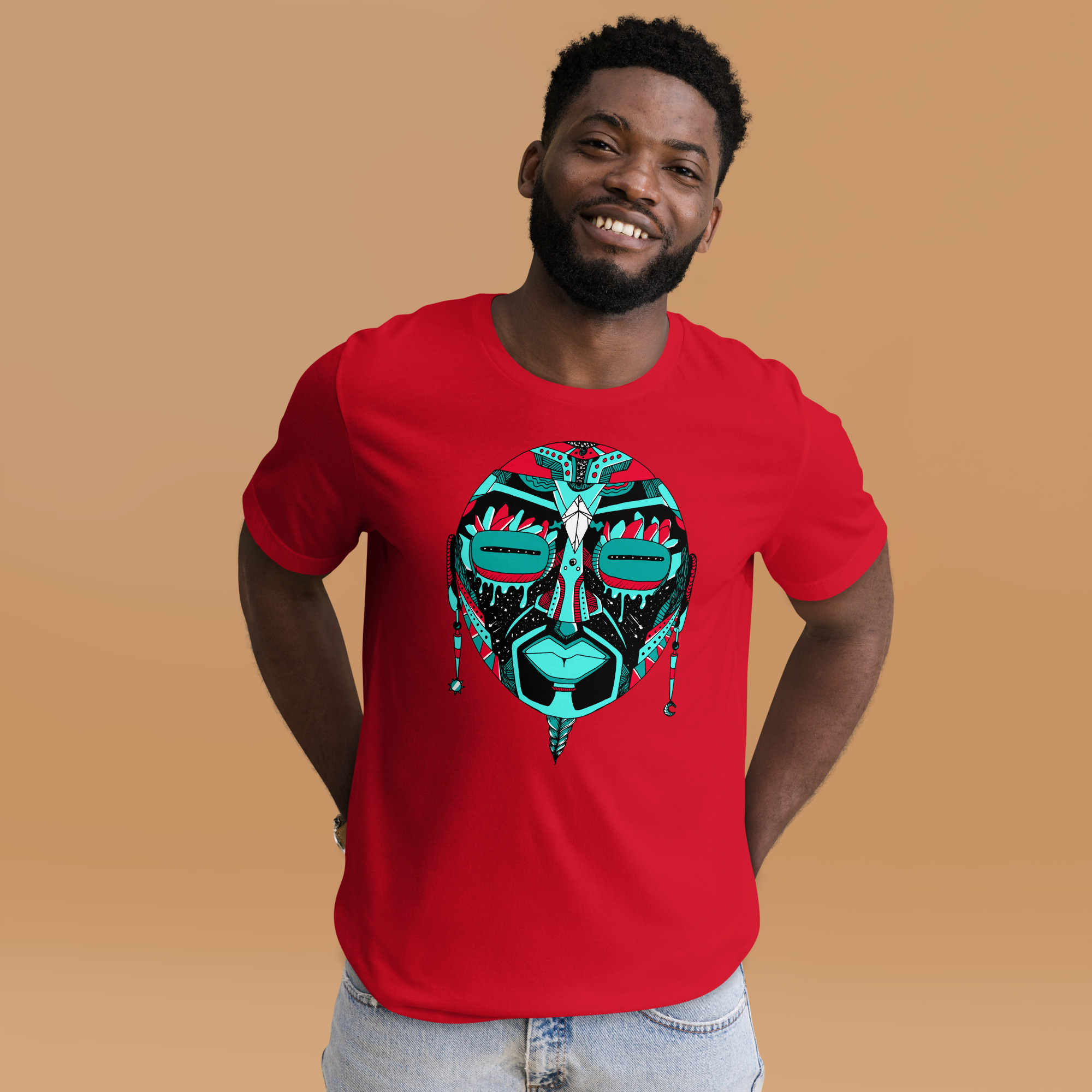 Turquoise Red African MAsk No. 2 - African T-shirt - Image 4
