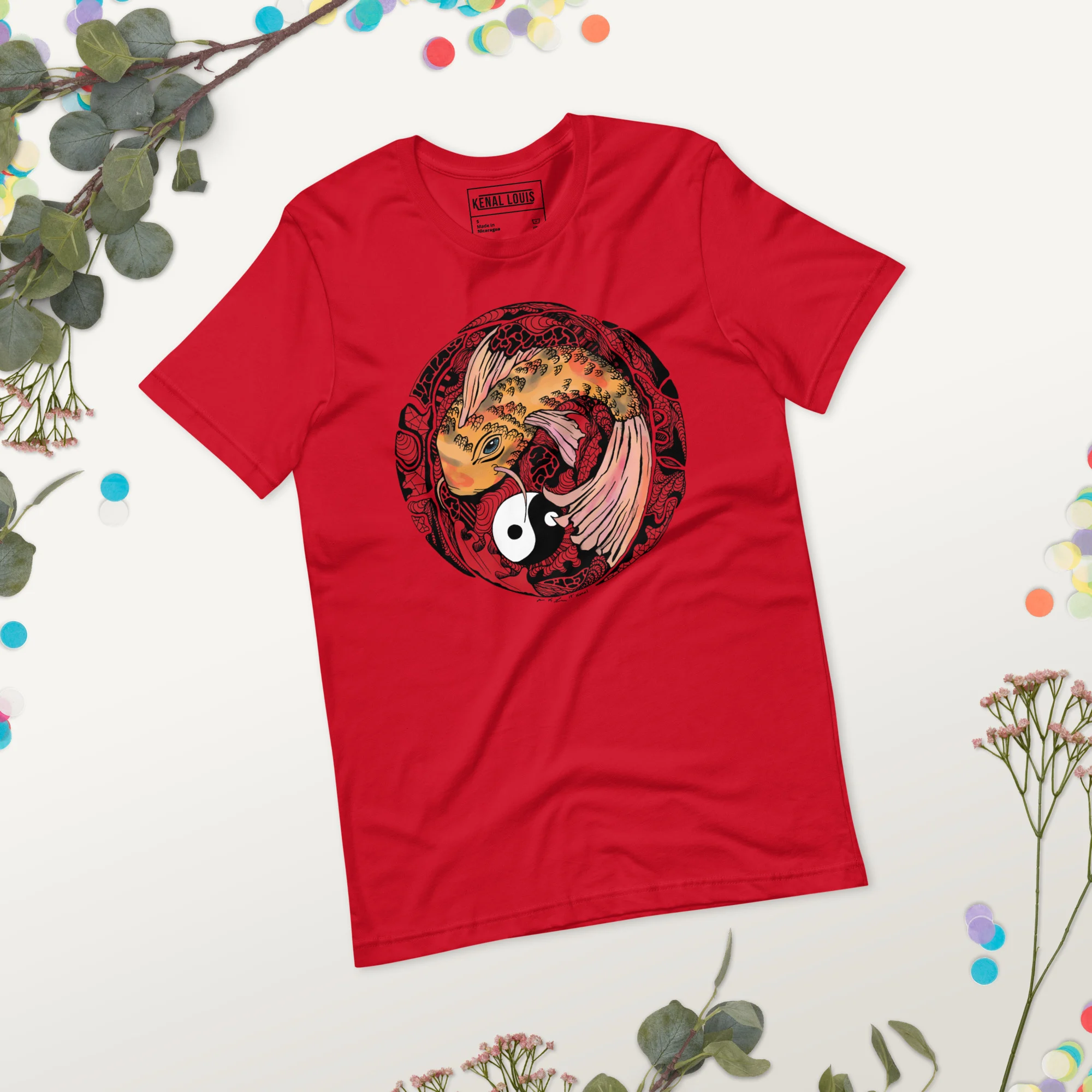 Cream and Red Koi of Balance - Koi Fish T-shirt - Image 3