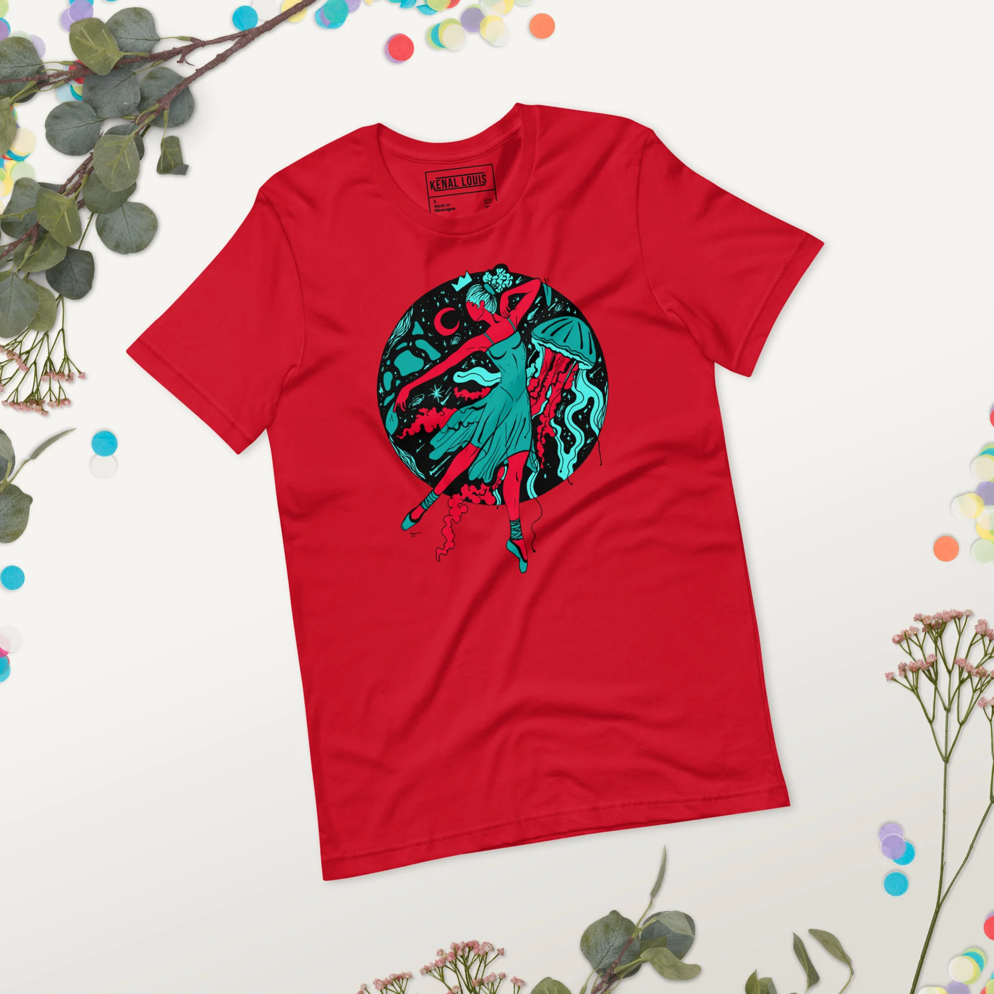 Turquoise Red The Oceanic Dancer | Ballerina Drawing T-shirt - Image 3