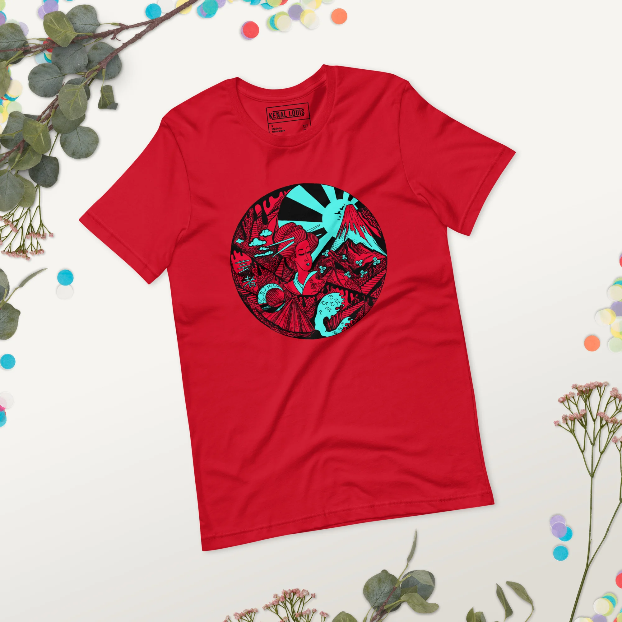 Turquoise Red Dreaming of Japan - Japanese Circle T-shirt - Image 3