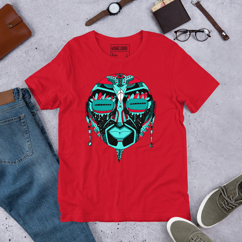 Turquoise Red African MAsk No. 2 - African T-shirt - Image 5