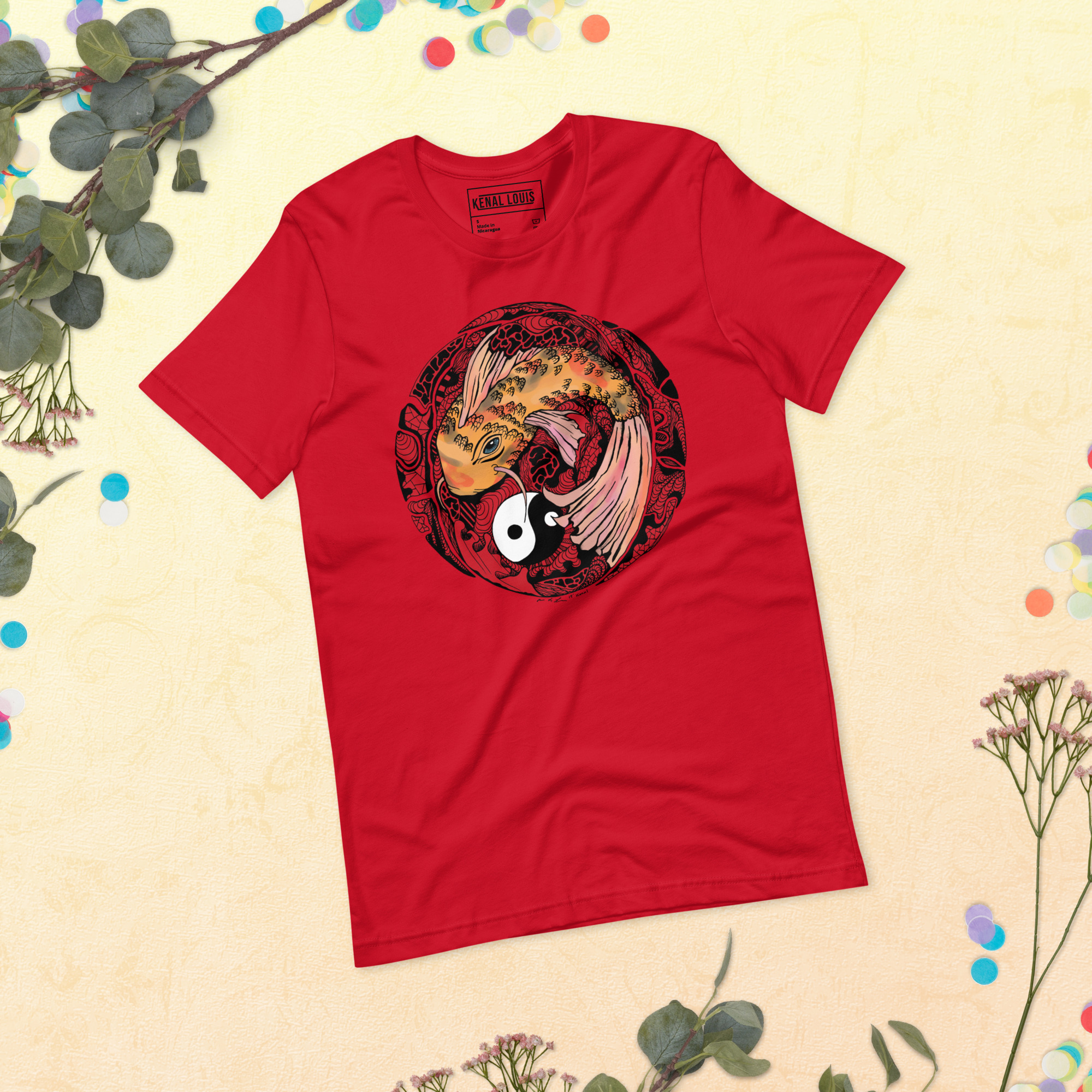 Cream and Red Koi of Balance - Koi Fish T-shirt - Image 4