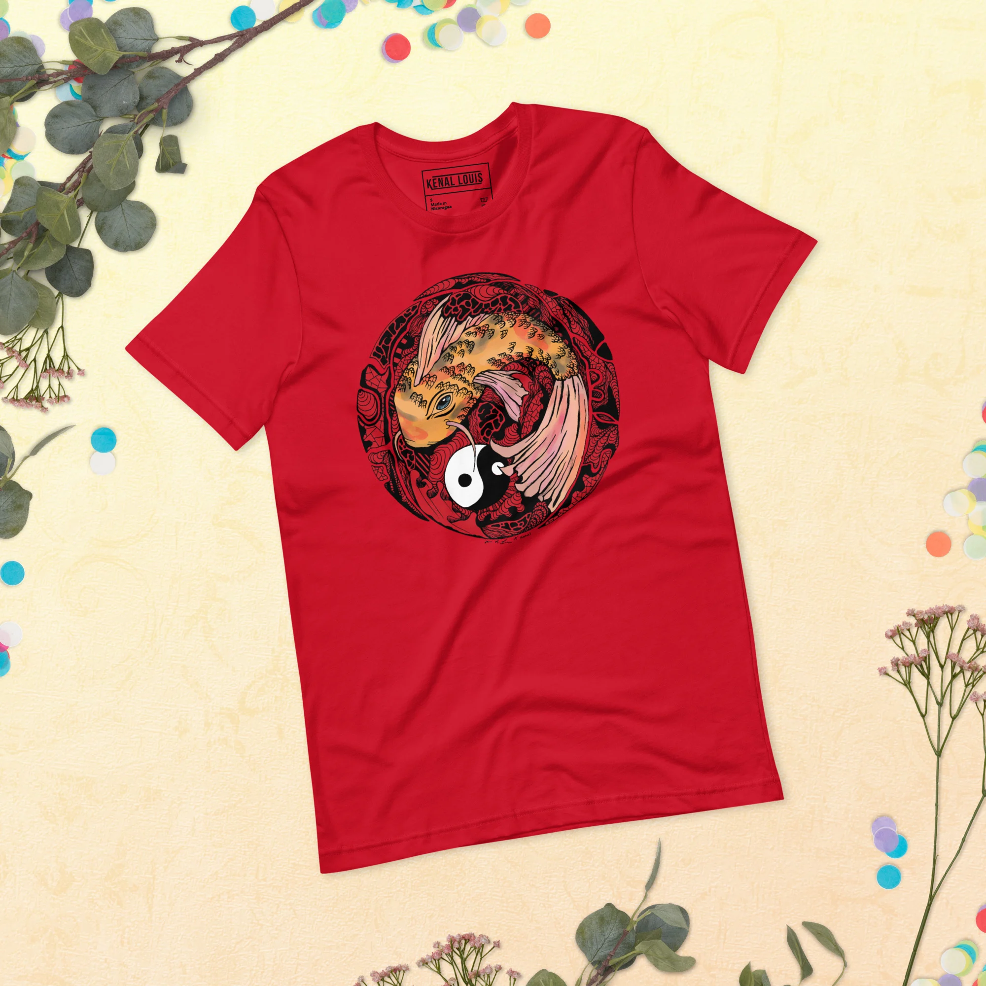 Cream and Red Koi of Balance - Koi Fish T-shirt - Image 4