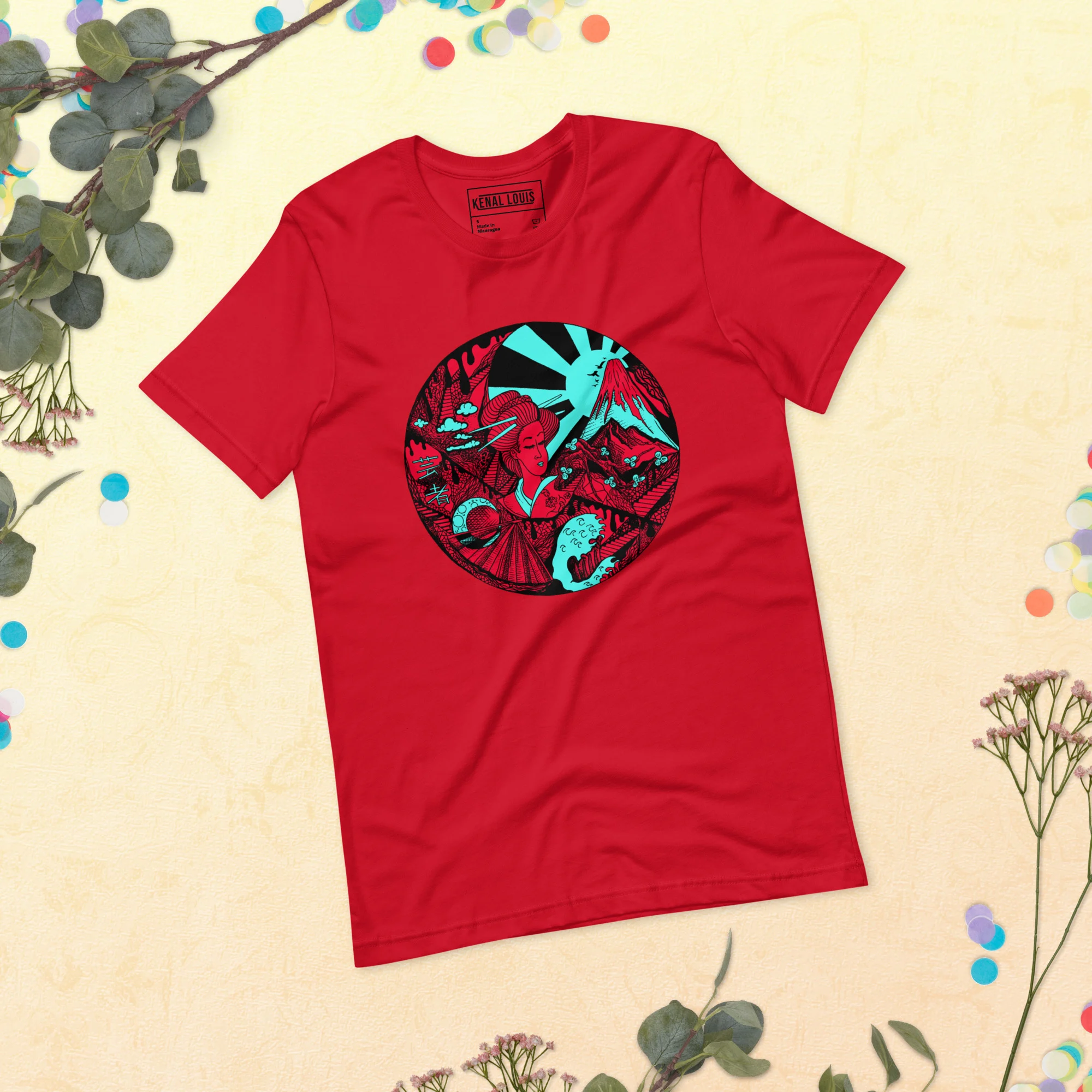 Turquoise Red Dreaming of Japan - Japanese Circle T-shirt - Image 4