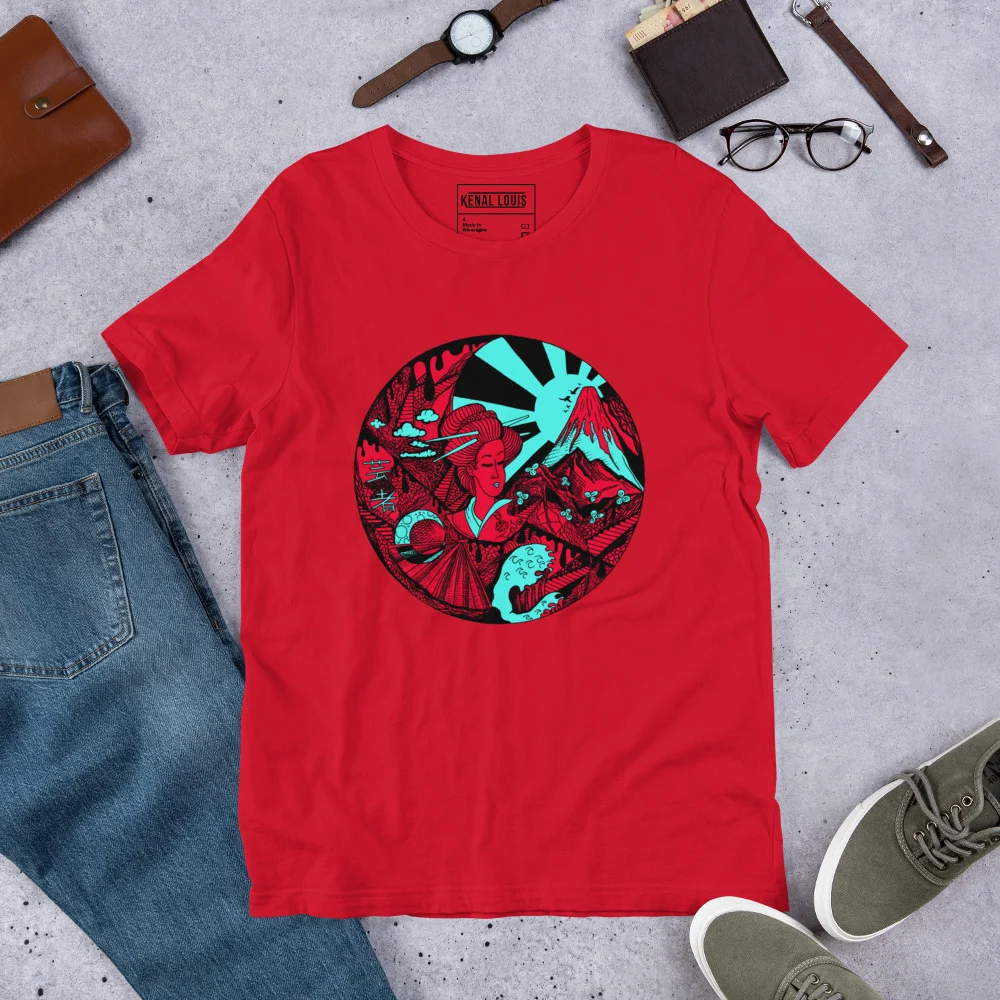 Turquoise Red Dreaming of Japan - Japanese Circle T-shirt - Image 5