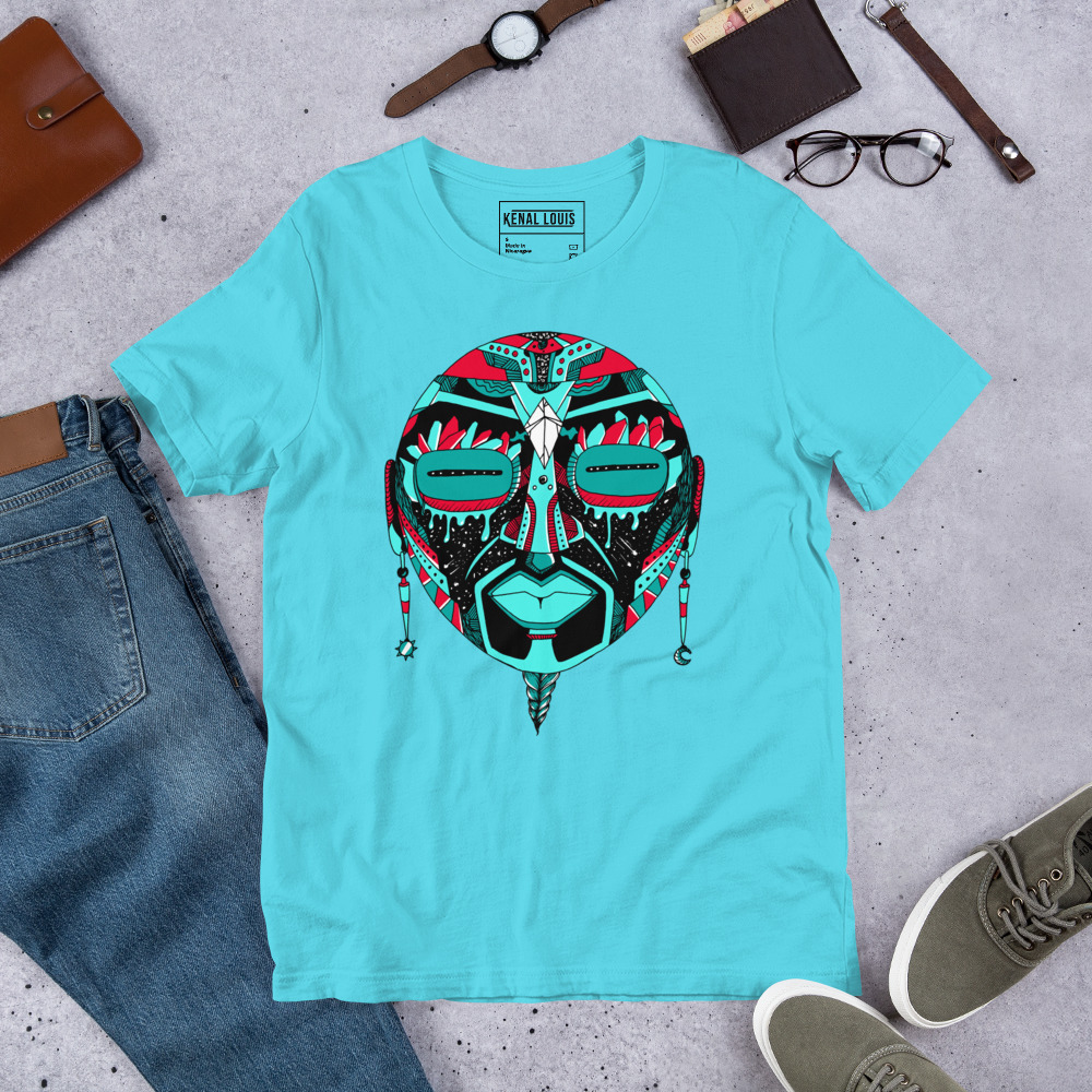 Turquoise Red African MAsk No. 2 - African T-shirt - Image 7