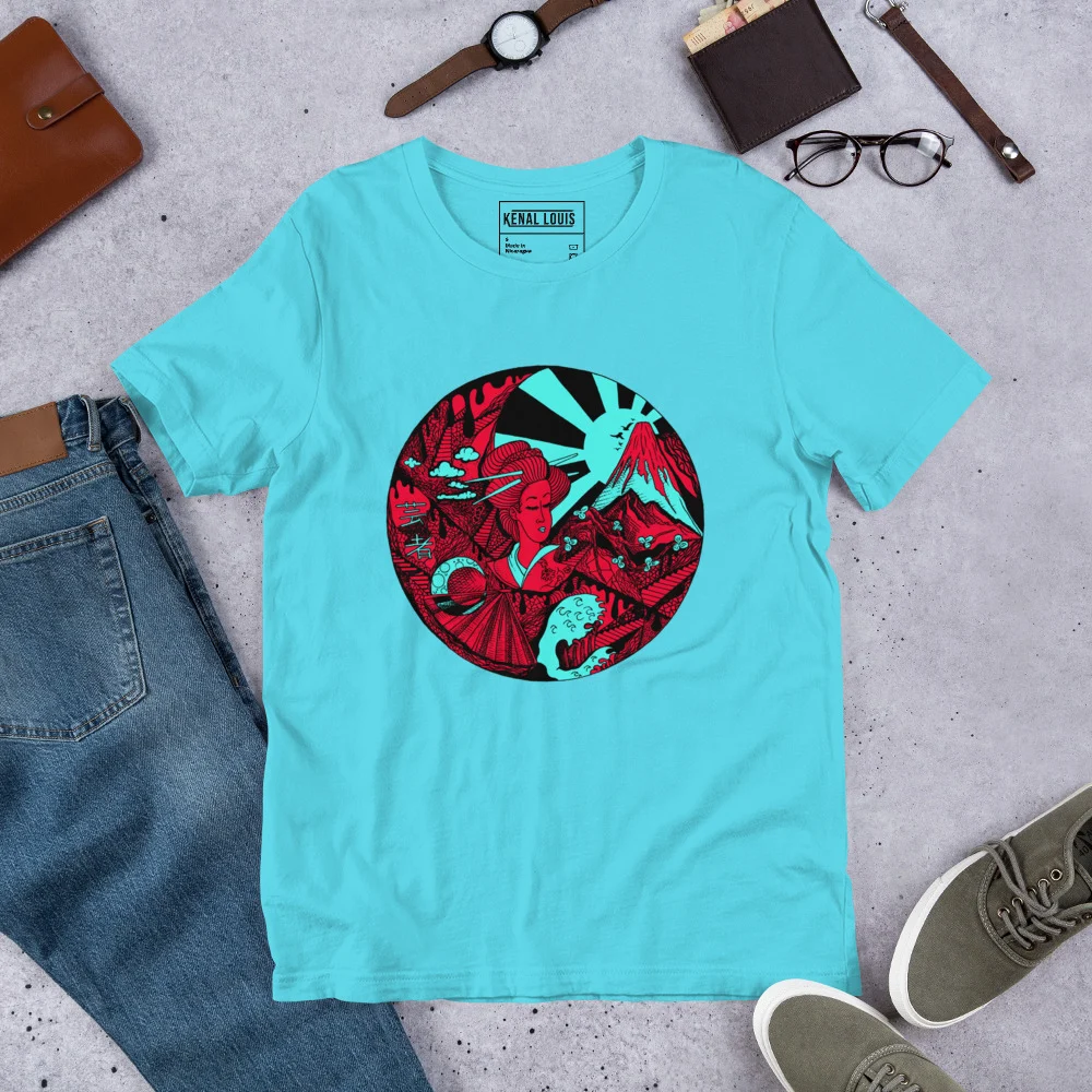 Turquoise Red Dreaming of Japan - Japanese Circle T-shirt - Image 7