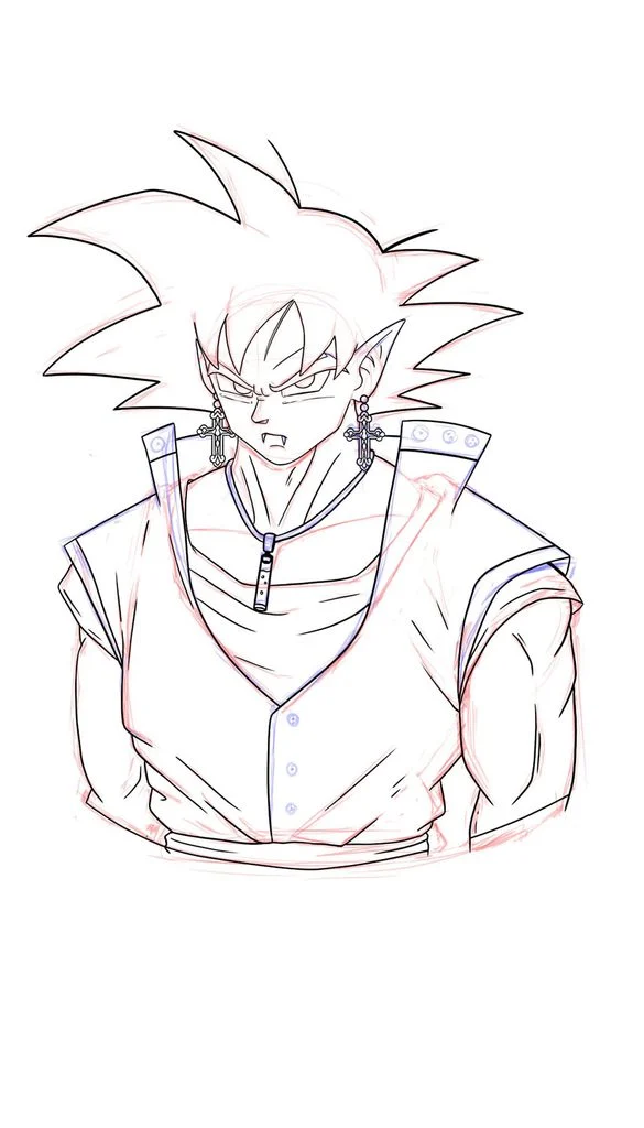 Dragon Ball Z drawing Goku vampire lineart with clean outlines and detailed cross earrings