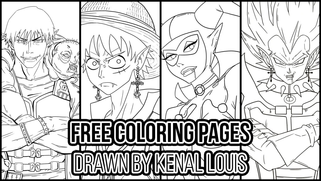 Free anime coloring pages drawn by Kenal Louis, showing four black and white lineart vampire characters with fangs, pointed ears, and cross earrings, ready to print and color