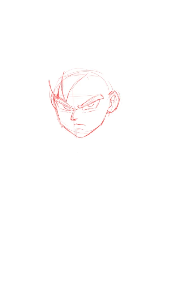 Goku drawing of a vampire face sketch with sharp eyes, nose, and a serious mouth