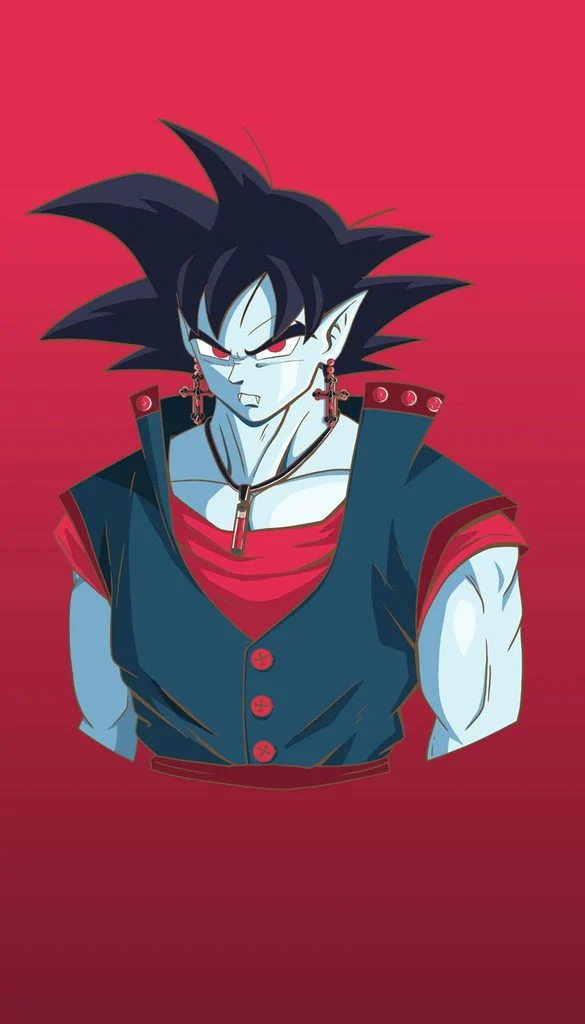 Goku sketch drawing finished as a vampire with shading, glowing red eyes, and a red gradient background