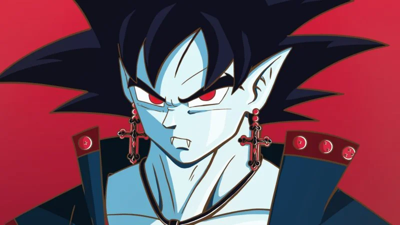 Goku drawing as a vampire in a close up widescreen view, with pale blue skin, glowing red eyes, fangs, pointed ears, and gothic cross earrings against a crimson red background