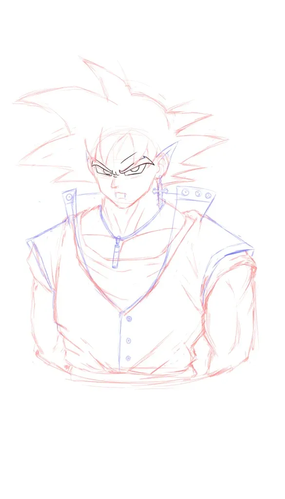 How to sketch Goku upper body and spiky hair with a vest, high collar, and cross earrings